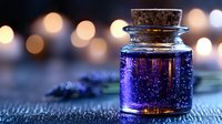 Magical purple potion in small glass bottle with cork stopper against blurred bokeh lights, lavender flowers nearby creating mystical apothecary atmosphere.