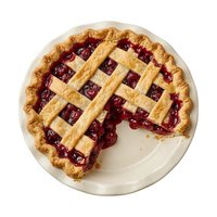 Homemade cherry pie with lattice crust on white plate, one slice removed showing filling. Baked dessert for bakery, recipe, cooking, and food photography use.