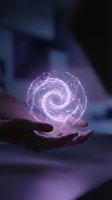Glowing purple holographic spiral energy sphere floating above open palm with connected network nodes and digital wireframe structure in futuristic technology concept.