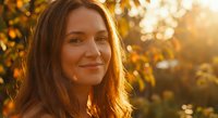 Smiling Caucasian woman with brown hair enjoying warm autumn sunlight outdoors among golden fall foliage creating peaceful moment of happiness and wellbeing.