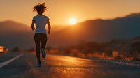 Young African American woman jogging on mountain road during golden hour sunrise, fitness runner training outdoors in athletic wear for healthy lifestyle.