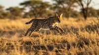 Serval cat hunting in golden savanna grassland during sunset with acacia trees in background showcasing wild feline predator behavior in natural habitat.