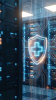 Digital healthcare security shield with medical cross symbol and circuit board patterns overlaying modern server room background for cybersecurity applications.
