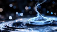 Mesmerizing water drop splash creating spiral ripples with blue bokeh lights in dark background, captured in high speed macro photography.