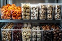 Organized pantry storage containers with dried fruits, nuts, seeds and grains on shelves. Clear plastic bins for kitchen organization and food preservation.