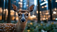 Young doe in forest with soft bokeh lights and blurred background, close up portrait of curious white-tailed deer looking at camera during twilight.