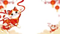 Adorable cartoon cat in traditional red outfit with golden decorations celebrating festive occasion with lanterns and ribbons on light background.