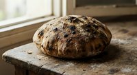 Freshly baked artisan bread loaf with seeds and grains on rustic wooden surface near window, homemade bakery product for healthy eating and cooking.