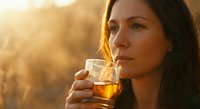 Woman enjoying craft beer at golden hour sunset with warm atmospheric lighting creating peaceful moment for relaxation and leisure activities.
