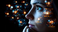 Young woman's profile with digital icons and data projections on face against dark background, representing technology integration and digital identity.