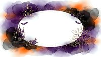 Halloween watercolor frame with haunted house, bats and witch silhouettes on purple orange background. Copy space for text and seasonal design projects.