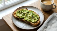 Healthy avocado toast with seeds on sourdough bread served with coffee on wooden tray by window. Morning breakfast meal for wellness lifestyle and nutrition.