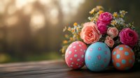 Colorful polka dot Easter eggs with pink roses bouquet on wooden surface with soft bokeh background for spring holiday celebration and festive decoration.