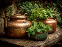 Vintage copper pots and ceramic bowl with fresh herbs on rustic wooden surface in garden setting for culinary and home decor projects.