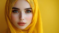 Young Middle Eastern woman wearing bright yellow hijab headscarf with natural makeup and coral lips against matching yellow background for beauty and fashion content.