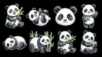 Cute baby panda bear set with bamboo in various poses, isolated on transparent background. Great for stickers, clipart, t-shirt design, and print on demand.