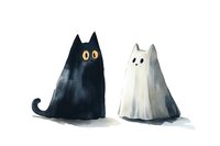 Watercolor illustration of black and white cat ghosts with glowing eyes sitting side by side, perfect for Halloween designs and spooky season content.