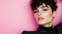 Young woman with short curly hair and bold winged eyeliner makeup against pink background for beauty and fashion campaigns.