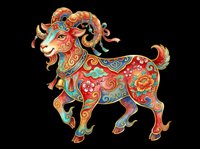 Decorative Chinese zodiac goat with ornate floral patterns and gold details, isolated on transparent background, ready for stickers, sublimation, and print on demand.