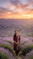 Young woman with dark hair and South Asian ethnicity standing in blooming lavender field at sunset, wearing burgundy dress and cardigan, smiling at camera with golden hour sky.