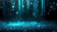 Magical turquoise glitter particles with bokeh effect and light rays on dark background create dreamy atmosphere for festive designs and holiday projects.