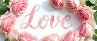 Pink roses arranged in a wreath frame with the word Love in elegant script, flat lay composition for Valentine's Day and romantic greeting cards.