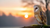 Barn owl perched on mossy log during golden sunset with warm orange sky and silhouetted trees in peaceful countryside setting for wildlife photography.