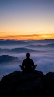 Man silhouette meditating on mountain peak at sunrise with misty valleys below. Peaceful mindfulness and spiritual wellness concept for relaxation.