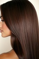 Side profile of Asian woman with long straight dark brown hair showing smooth, glossy texture and healthy shine against neutral background.