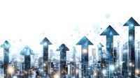 Business growth concept with upward arrows over modern city skyline showing financial success and urban development progress for corporate presentations.