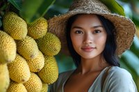 Young Asian woman in straw hat smiling near fresh durian fruits at tropical garden. Natural daylight portrait of female farmer or vendor with exotic produce.