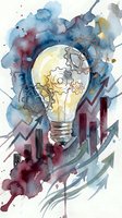 Watercolor lightbulb with gears and arrows symbolizing innovation, creativity, and business growth on white background for design projects.