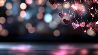 Glowing pink heart-shaped lights with sparkles hanging against dark bokeh background create romantic atmosphere for Valentine's Day celebrations and love themes.