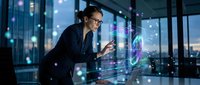 Professional businesswoman using futuristic holographic interface technology in modern office environment with digital data visualization and city lights.