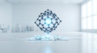 Molecular structure floating above digital circuit board in modern laboratory setting, representing nanotechnology, scientific research, and innovation in clean white environment.