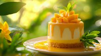 Mini mango cheesecake topped with fresh fruit and caramel sauce on white plate against blurred green garden background with natural sunlight.