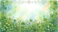 Watercolor St. Patricks Day border with shamrocks, horseshoe, ladybug, and golden swirls framing a soft green background with copy space.