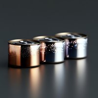 Metallic beverage cans with water droplets in rose gold and silver colors arranged in row on dark background with dramatic lighting and reflections.