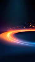 Glowing curved light trail with orange and blue streaks against dark background, sparkling particles creating dynamic motion effect for technology designs.