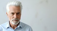 Senior man with white hair and beard wearing light blue shirt, isolated on white background for corporate and professional use.