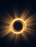Golden cosmic portal with bright energy rays bursting from center against starry space background for science fiction and fantasy projects.