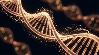 Golden DNA double helix structure with glowing particles on dark background for medical research and biotechnology presentations.