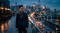 Young Asian businessman in dark coat smiling on urban bridge at dusk with city skyline and traffic lights creating bokeh effect in background.