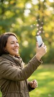 Happy middle-aged woman using smartphone with heart emoji notifications in autumn park, social media engagement and digital communication concept.