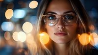 Young blonde woman wearing stylish eyeglasses with warm bokeh city lights creating atmospheric evening portrait for lifestyle and fashion concepts.