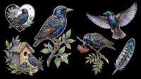 Colorful hummingbirds and songbirds with botanical elements, isolated on transparent background. Ready for t-shirt design, clipart, stickers, sublimation, and print-on-demand projects.