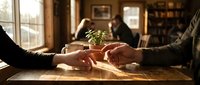 Two people holding hands across wooden table in warm cozy cafe interior with soft natural lighting creating intimate romantic atmosphere for relationship concepts.