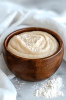 Creamy white body butter in wooden bowl with scattered salt crystals on white fabric background, natural skincare and spa concept for wellness products.