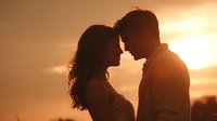 Romantic couple silhouette touching foreheads at golden sunset, intimate moment of love and connection for wedding, anniversary, relationship content.