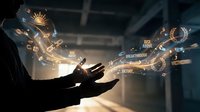 Business professional hands presenting glowing digital innovation icons including lightbulb, gears, and technology symbols in modern corporate environment.